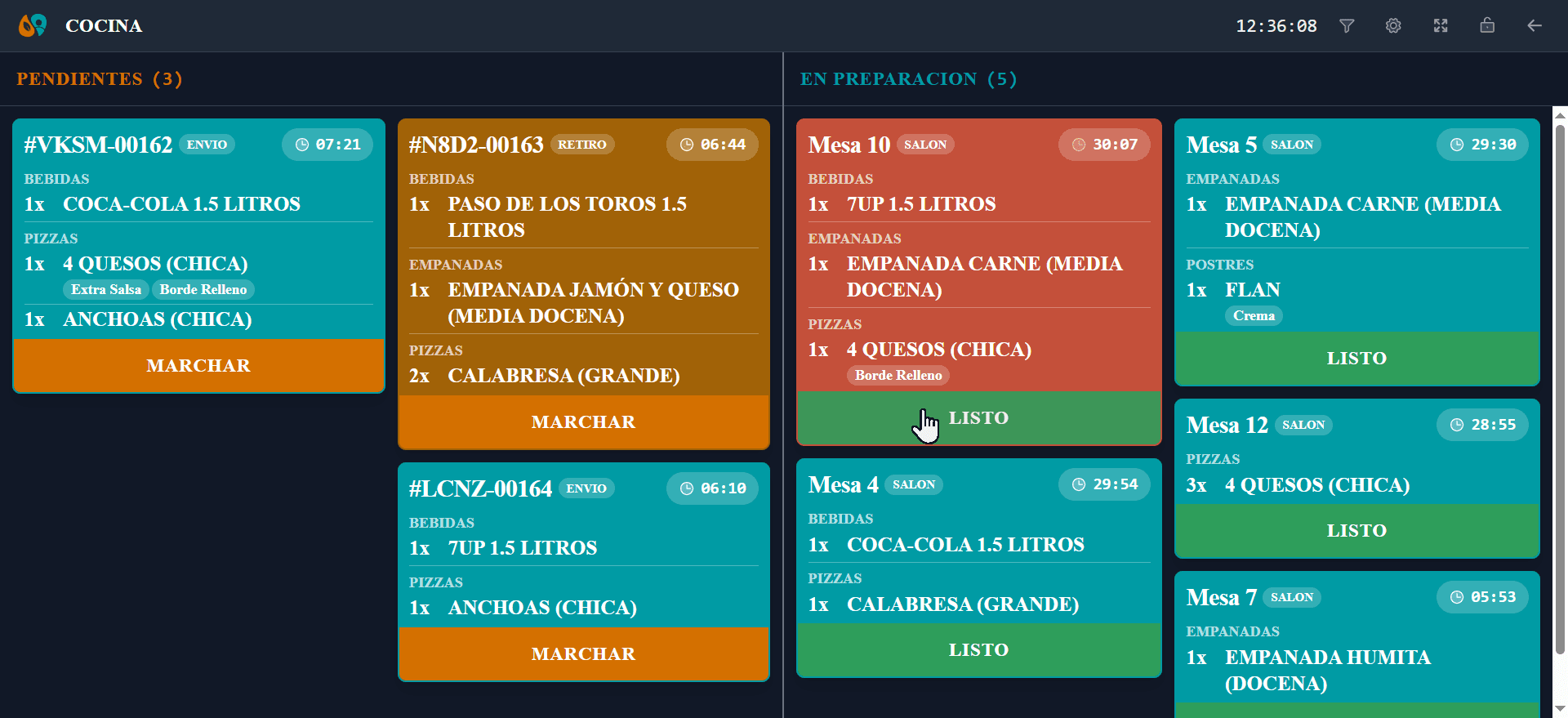 KDS de Ojapo: pantalla de cocina con los pedidos del salón en tiempo real